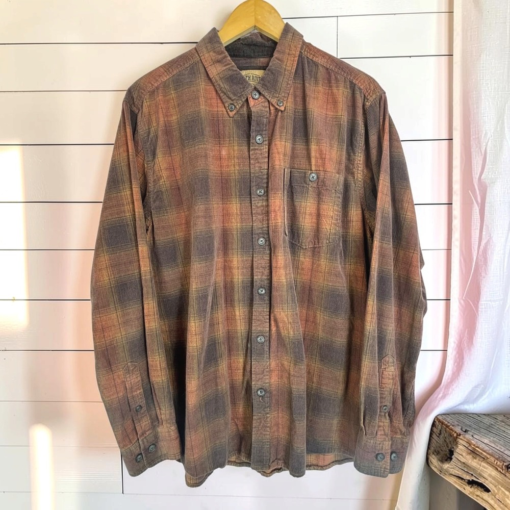 Vintage Plaid Corduroy Shirt XL Brown Orange 100% Cotton Button Down Rugged